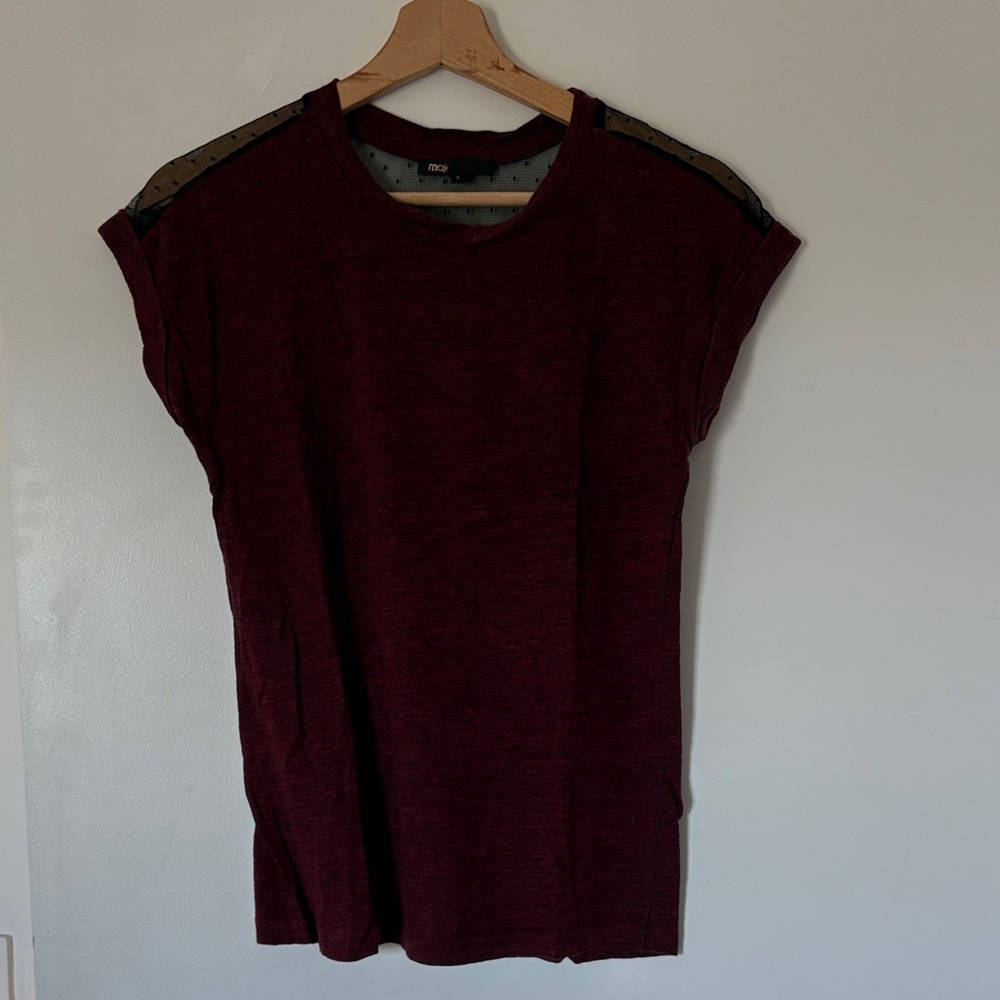 Maje Burgundy Short Sleeve Top with Sheer Accents